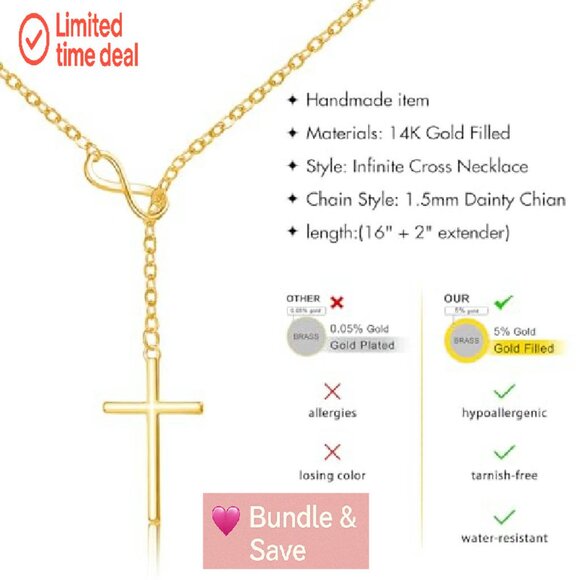 Dainty 14K Gold Filled Cross Infinity Necklace, 16" Chain with Extension - Picture 5 of 8